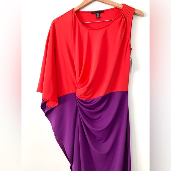❗️CLEAROUT❗️ NWT! KENNETH COLE ❤️💜 red + purple asymmetrical colorblock DRESS - Picture 4 of 11